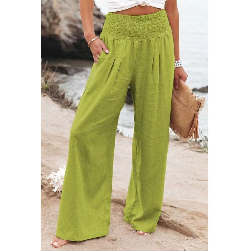 2022 Spring Summer Casual Wide Leg Cotton Linen Popular Loose Trousers for Women High Waist Elastic Solid Color Pants
