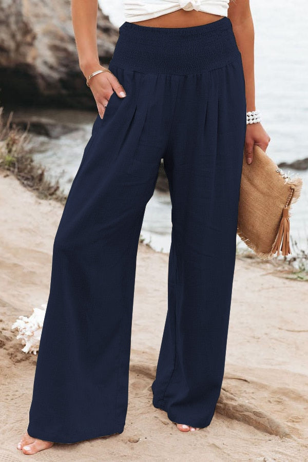 2022 Spring Summer Casual Wide Leg Cotton Linen Popular Loose Trousers for Women High Waist Elastic Solid Color Pants
