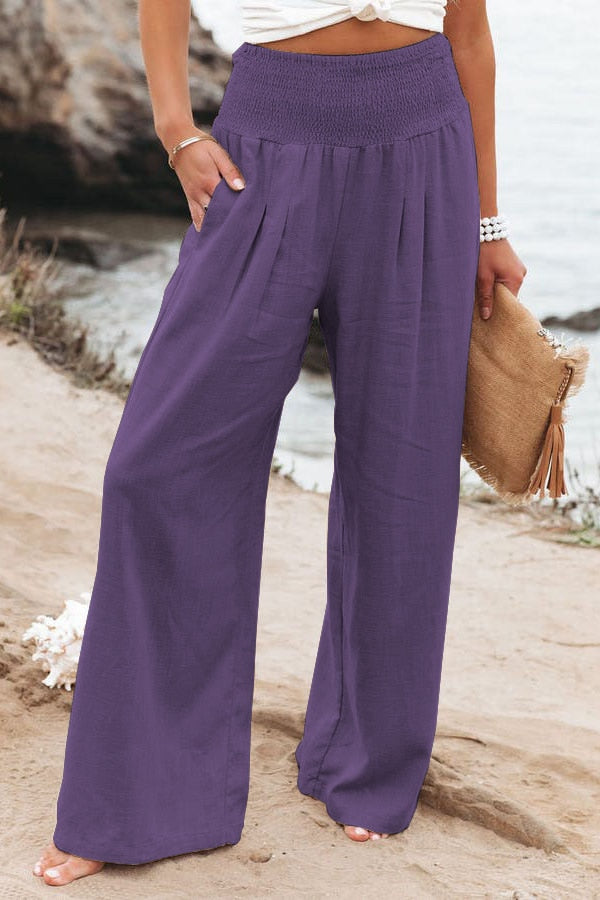 2022 Spring Summer Casual Wide Leg Cotton Linen Popular Loose Trousers for Women High Waist Elastic Solid Color Pants
