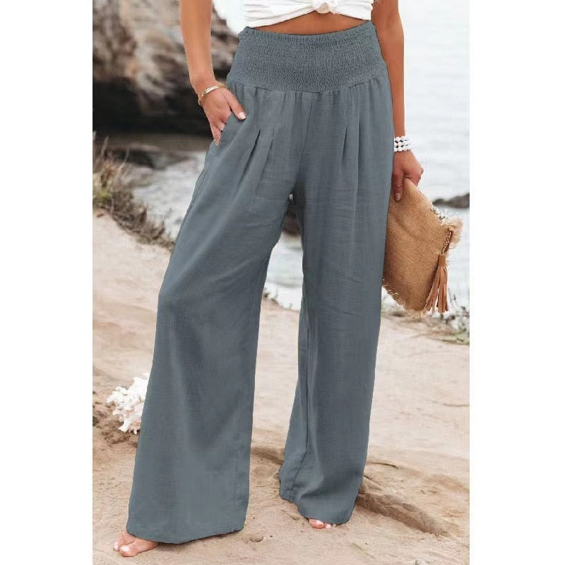 2022 Spring Summer Casual Wide Leg Cotton Linen Popular Loose Trousers for Women High Waist Elastic Solid Color Pants