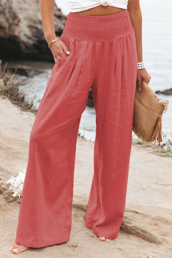 2022 Spring Summer Casual Wide Leg Cotton Linen Popular Loose Trousers for Women High Waist Elastic Solid Color Pants