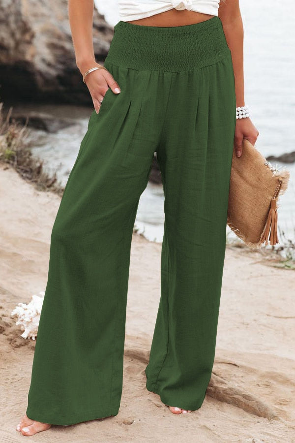2022 Spring Summer Casual Wide Leg Cotton Linen Popular Loose Trousers for Women High Waist Elastic Solid Color Pants