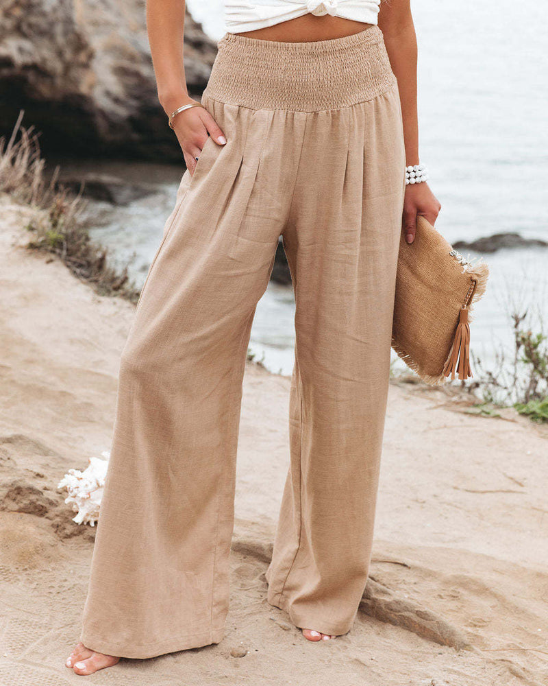 2022 Spring Summer Casual Wide Leg Cotton Linen Popular Loose Trousers for Women High Waist Elastic Solid Color Pants