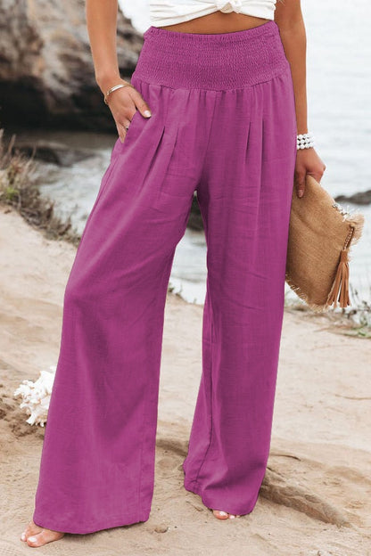 2022 Spring Summer Casual Wide Leg Cotton Linen Popular Loose Trousers for Women High Waist Elastic Solid Color Pants