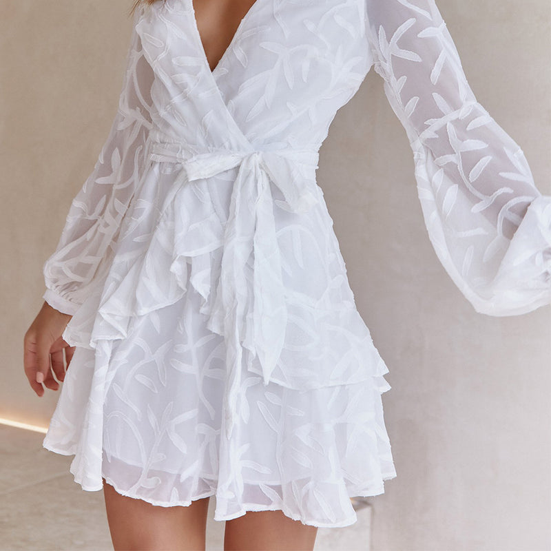 Retro Chiffon Summer Women Dresses Elegant 2022 Long Sleeves V-neck Belted Waist White Dress Mini Sundress Sexy Casual Vestidos