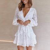Retro Chiffon Summer Women Dresses Elegant 2022 Long Sleeves V-neck Belted Waist White Dress Mini Sundress Sexy Casual Vestidos