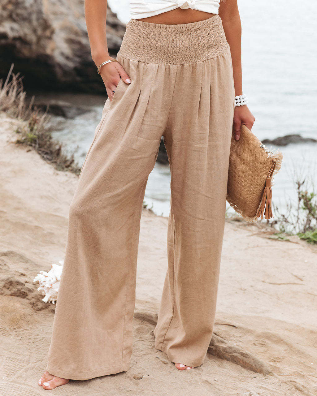 2022 Spring Summer Casual Wide Leg Cotton Linen Popular Loose Trousers for Women High Waist Elastic Solid Color Pants