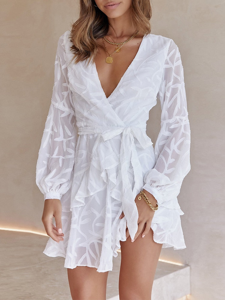 Retro Chiffon Summer Women Dresses Elegant 2022 Long Sleeves V-neck Belted Waist White Dress Mini Sundress Sexy Casual Vestidos